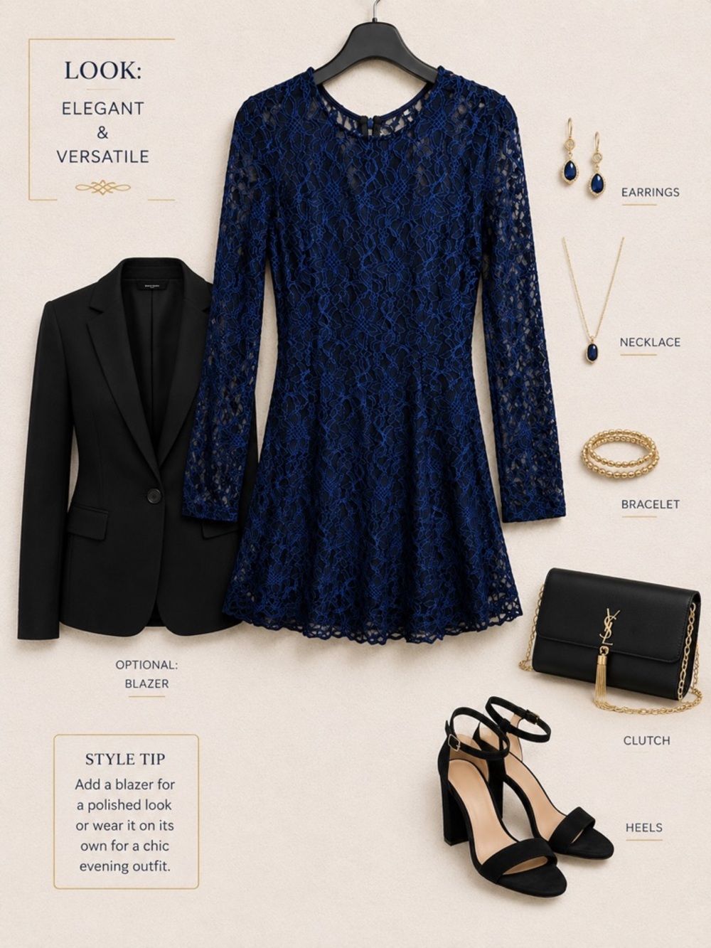 Designโ Lab Lord & Taylor Navy Blue Lace Long-Sleeve Dress size M